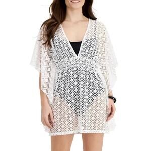 Miken Swim White Crochet Lace Cover Up Tunic Sz M Beach Resortwear Boho Coastal